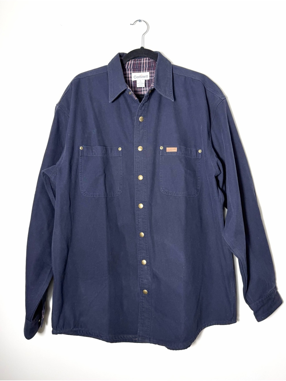 Vintage Carhartt Flannel-Lined Navy Canvas Shirt Utility Jacket Large Tall LT